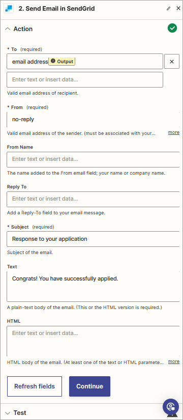 Screenshot of the **Send Email in SendGrid** event dialog: **Action** fields