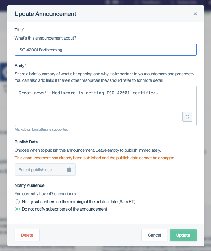 Update Announcement modal showing Title and Body fields, a locked Publish Date with an orange warning message, Notify Audience options, and Delete, Cancel, and Update buttons.