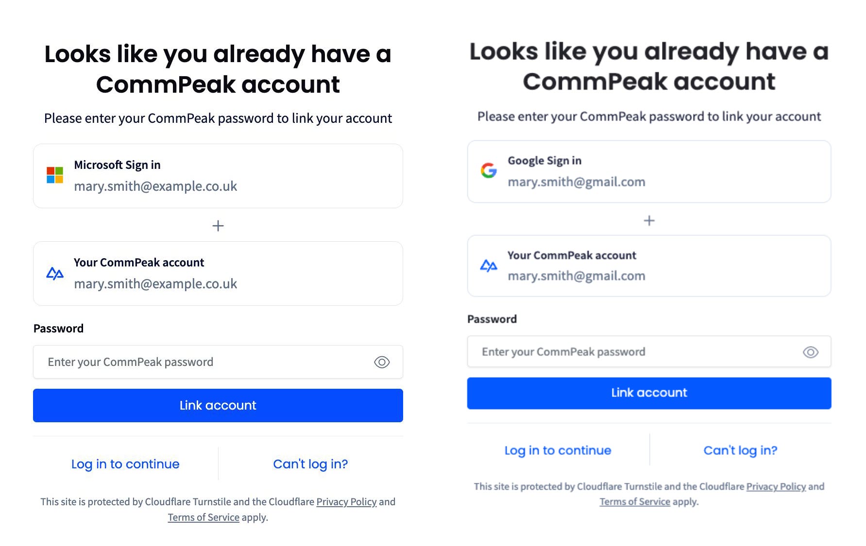 Screenshot of the Looks like you already have a CommPeak account form