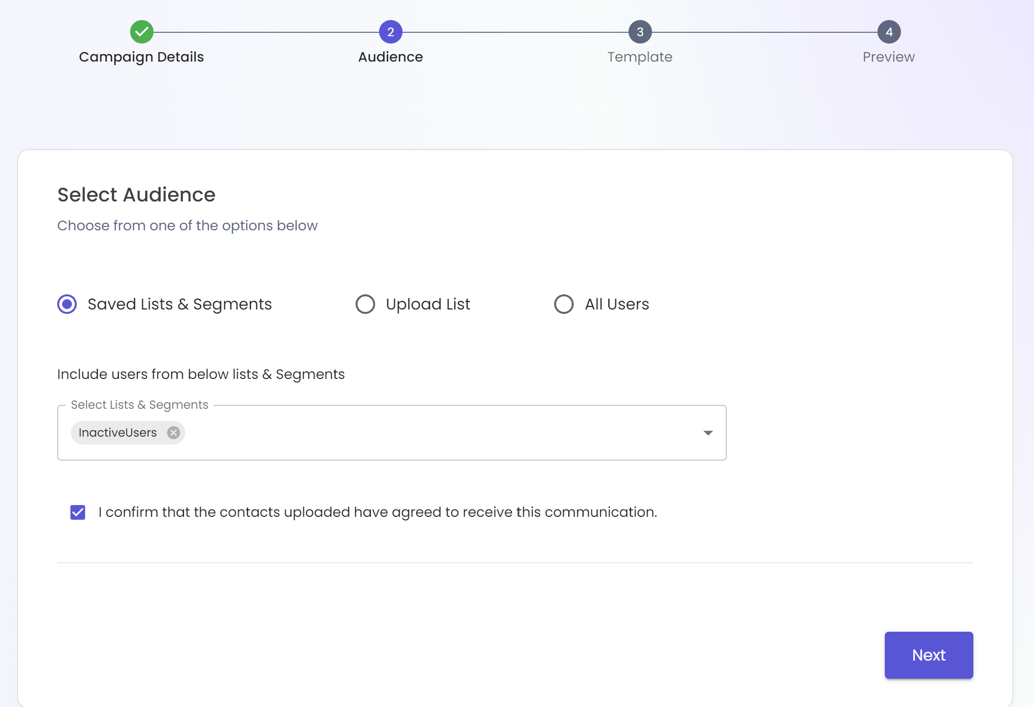 Choosing a segment as audience for a campaign