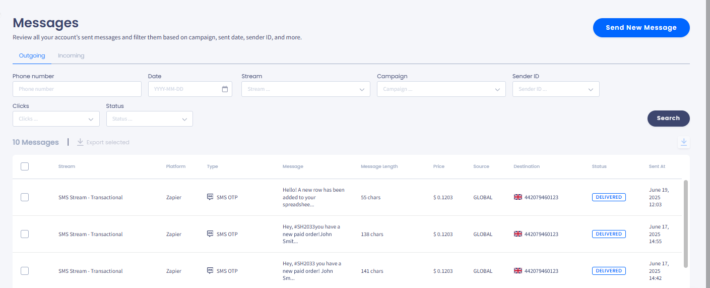 Screenshot of the Messages menu tab