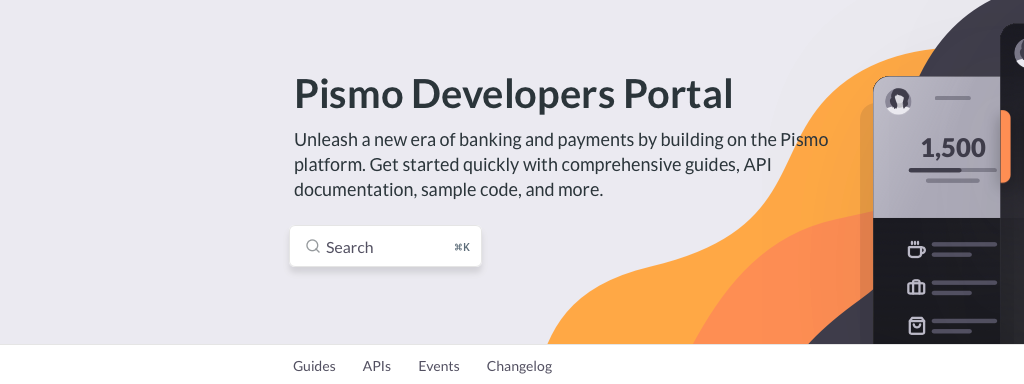 screenshot showing the Pismo Developers Portal homepage banner and navbar