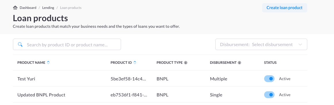 Loan products screen