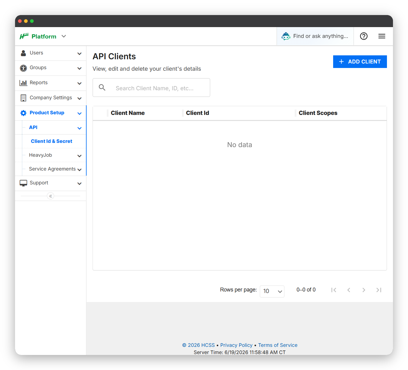 API Clients Page