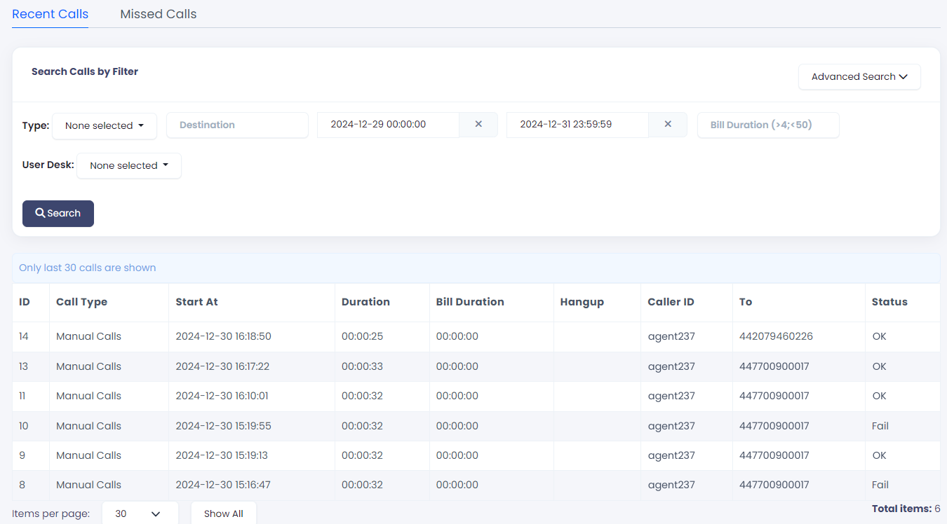 Screenshot with the Recent Calls tab