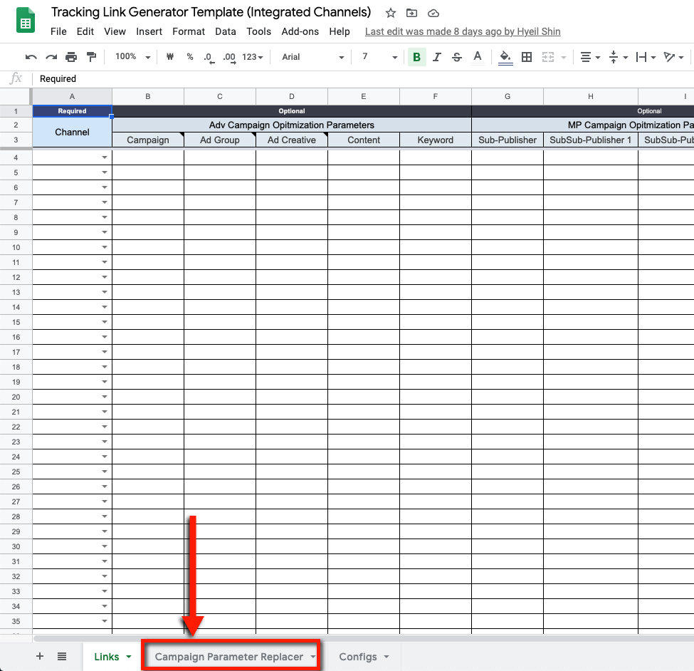 Screen-Shot-2020-08-07-14-45-19.png Campaign Parameter Replacer 시트는 트래킹링크 제네레이터 스프레드시트 파일 내에 존재하는 시트입니다.