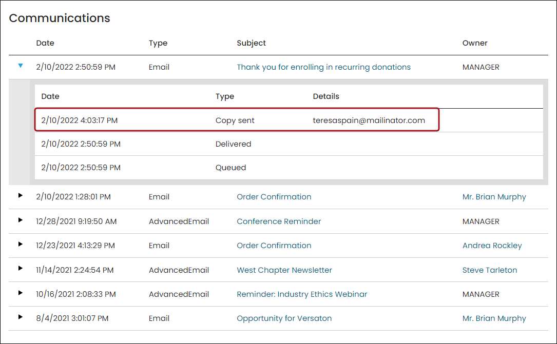 Expanding a specific communication row from the interaction log allows you to view when the communication was resent, as marked by Copy sent.