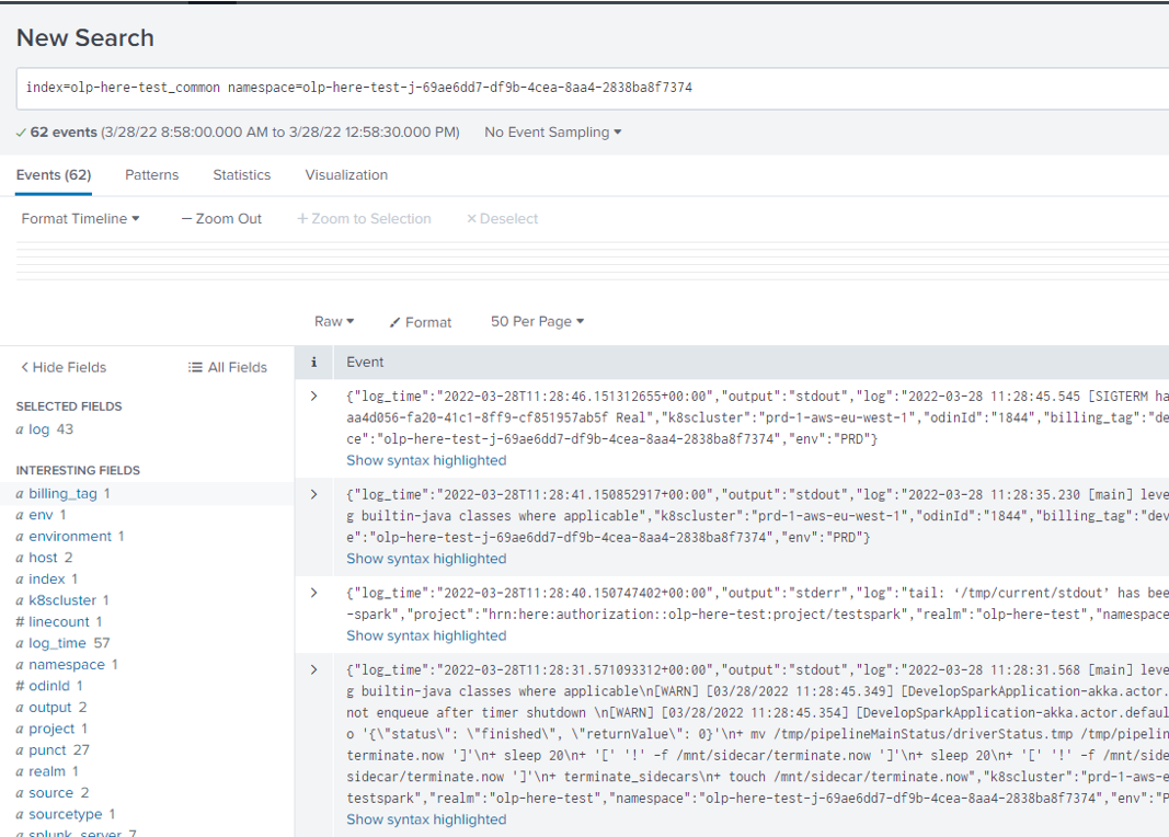 Splunk UI with INFO logs