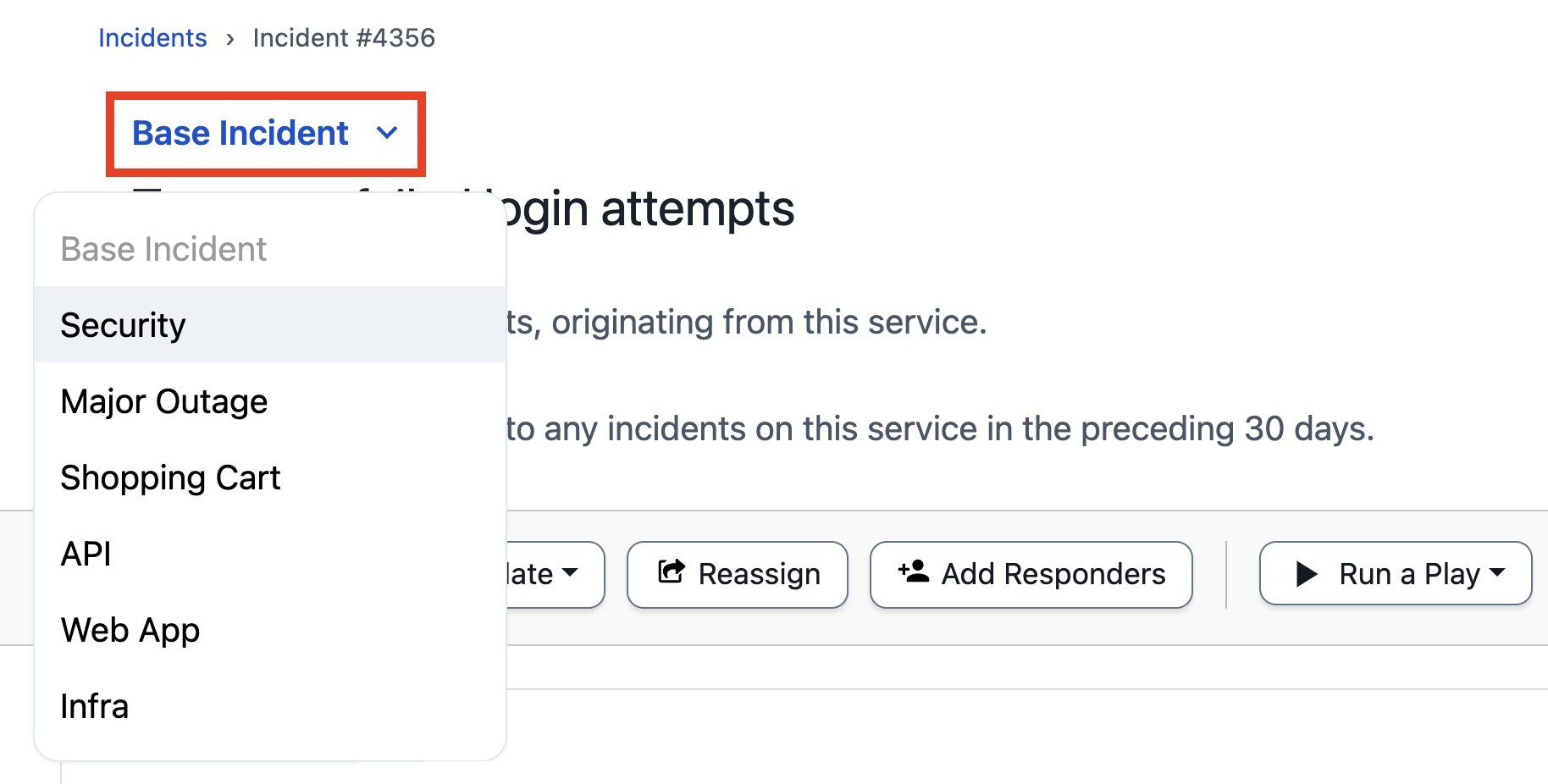 A screenshot of the PagerDuty web app showing where to select an Incident Type on an existing incident