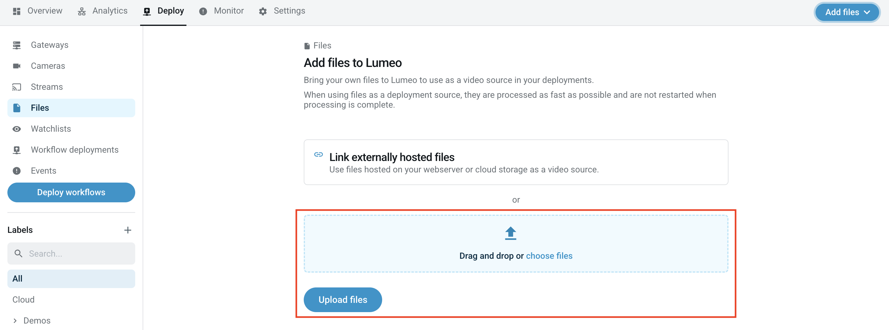 Files upload interface