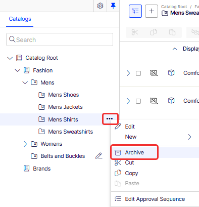 Screenshot of the catalog tree context menu with the Archive option selected for a category.