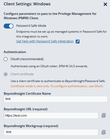 Settings for Password Safe mode on Windows clients