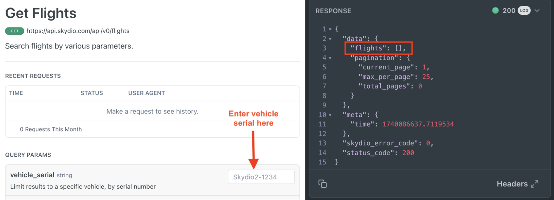 Get flights by vehicle_serial ([Get Flights API](https://apidocs.skydio.com/reference/flights_get_v0_flights))