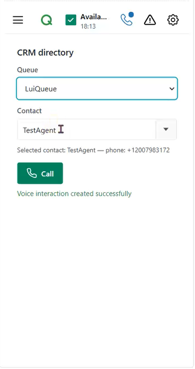 CRM Directory with queue and contact selected, voice interaction created