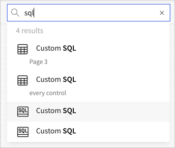 Search bar in the lineage view with the search term SQL, showing 4 results, 2 tables called Custom SQL and 2 custom SQL elements directly.