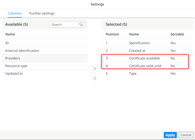 Customise the contents of the worklist and show the columns relating to the XL certificates