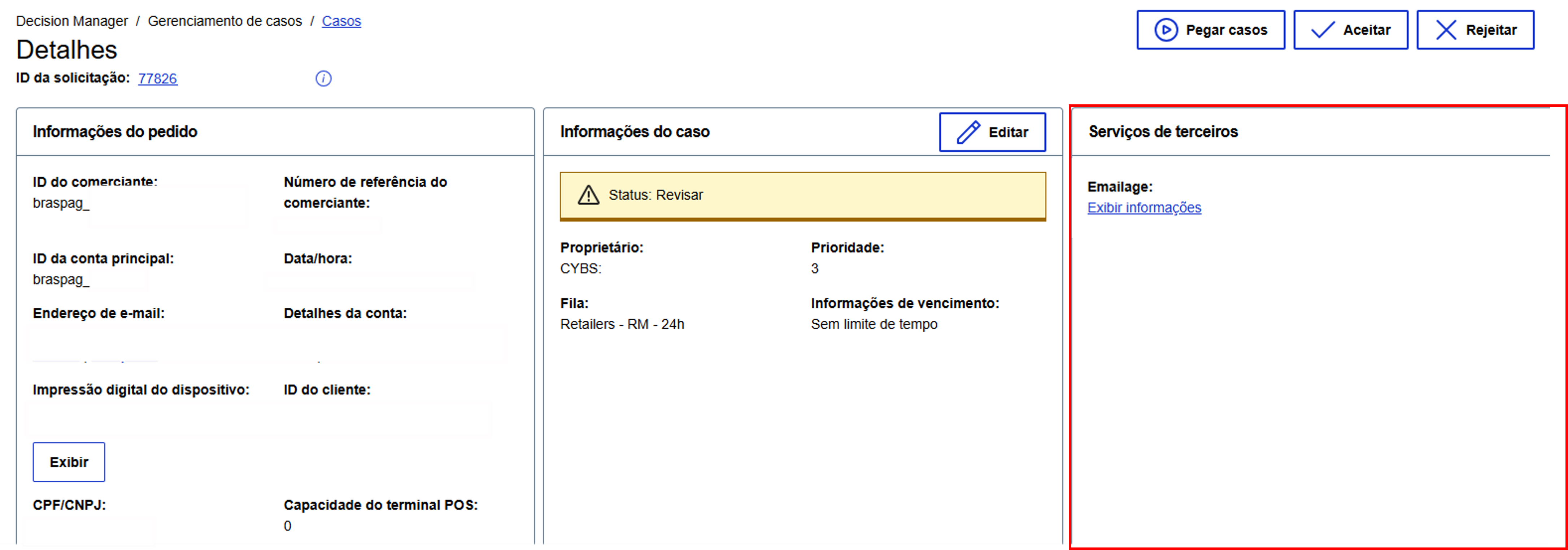 4. Nos detalhes da transação, acesse **Serviços Terceiros** e clique em **Informações da solicitação**: