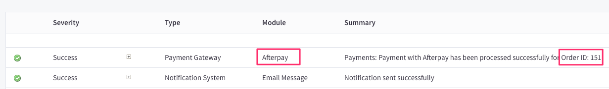 The successful orders made using "Afterpay" will have an associated Order ID