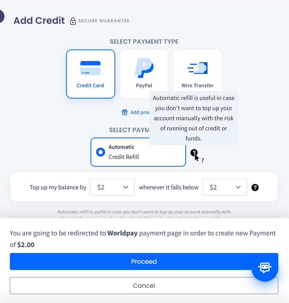 Screenshot of the Select Payment Plan section with the Automatic Credit Refill settings