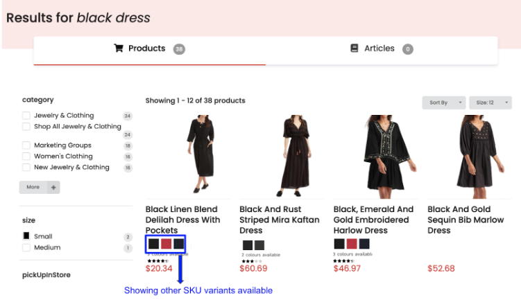 Search results for "black dress" showing additional SKU variants alongside the filtered result