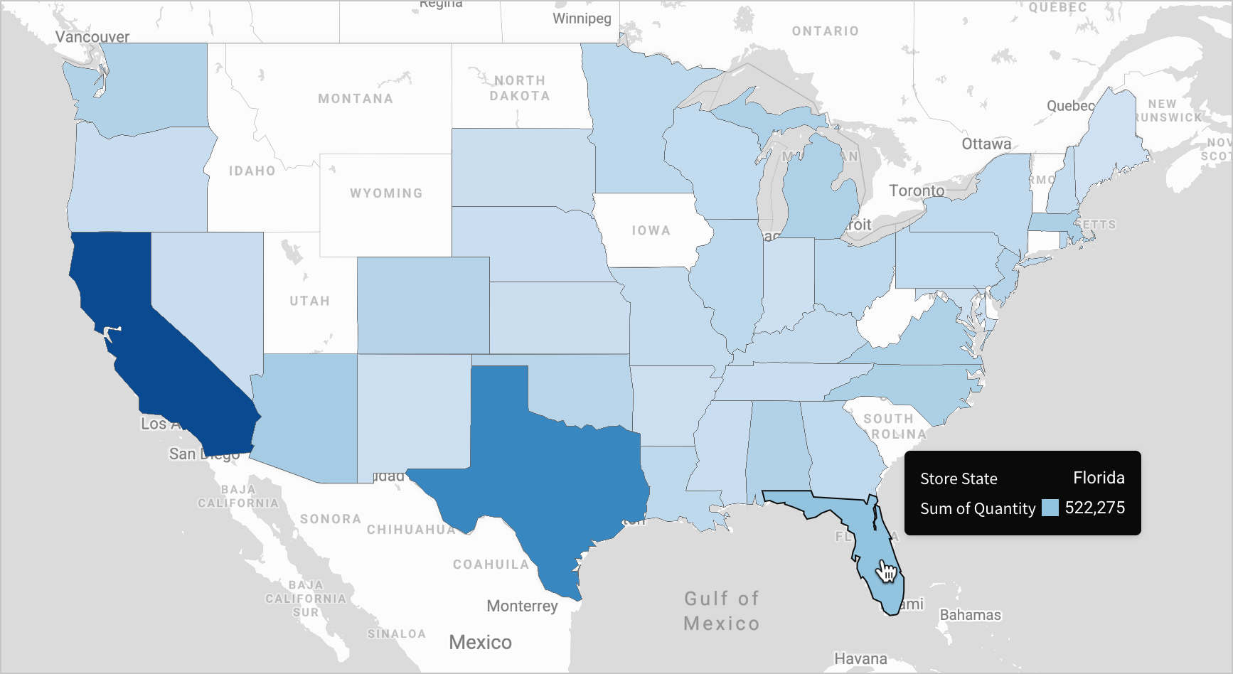 An example of a region map shows color-coded sales quantities for a store by US state. An on-hover tooltip shows a little over 500,000 sales in Florida.