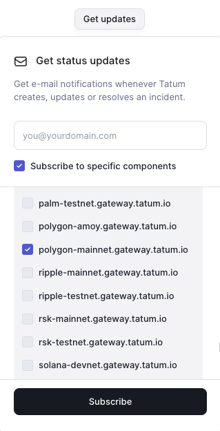 **Get Updates** in <https://status.tatum.io>