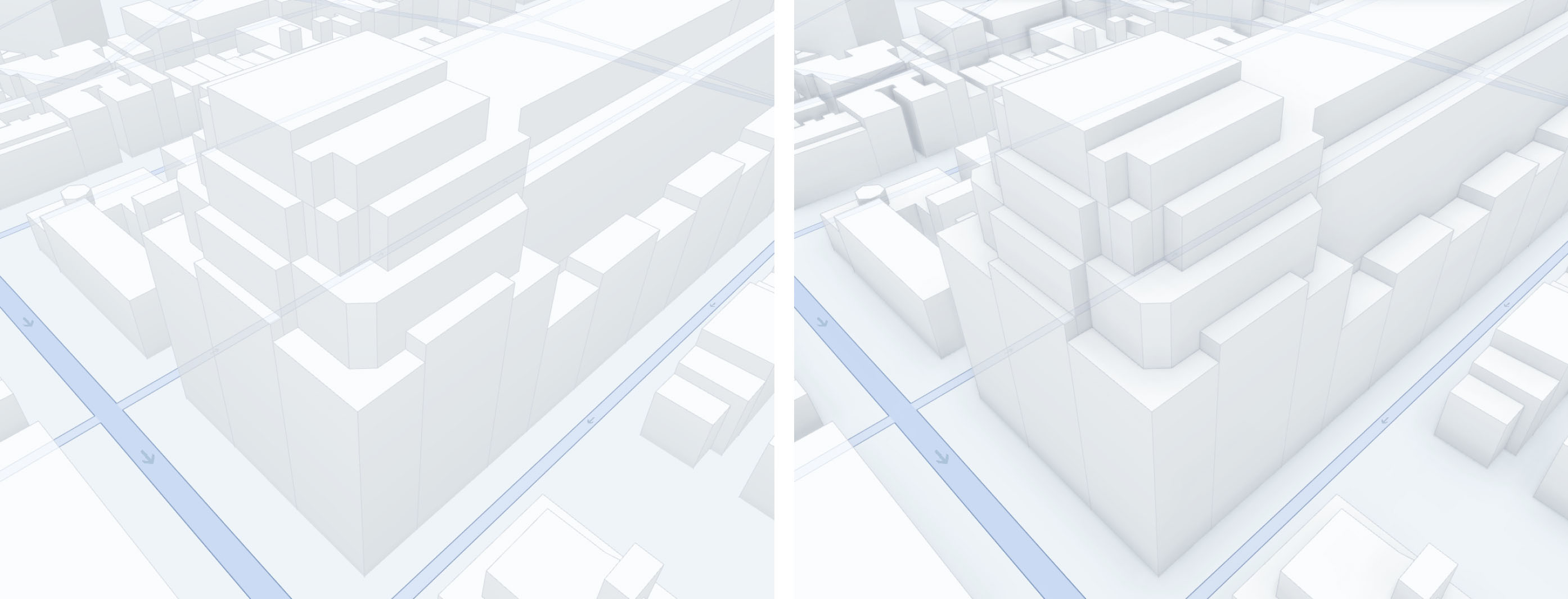 Screenshot (from left to right): On the left, ambient occlusion is disabled, while on the right, ambient occlusion is enabled using MapFeatures.AMBIENT_OCCLUSION with MapFeatureModes.AMBIENT_OCCLUSION_ALL, showcasing the enhanced shadowing and depth effects.