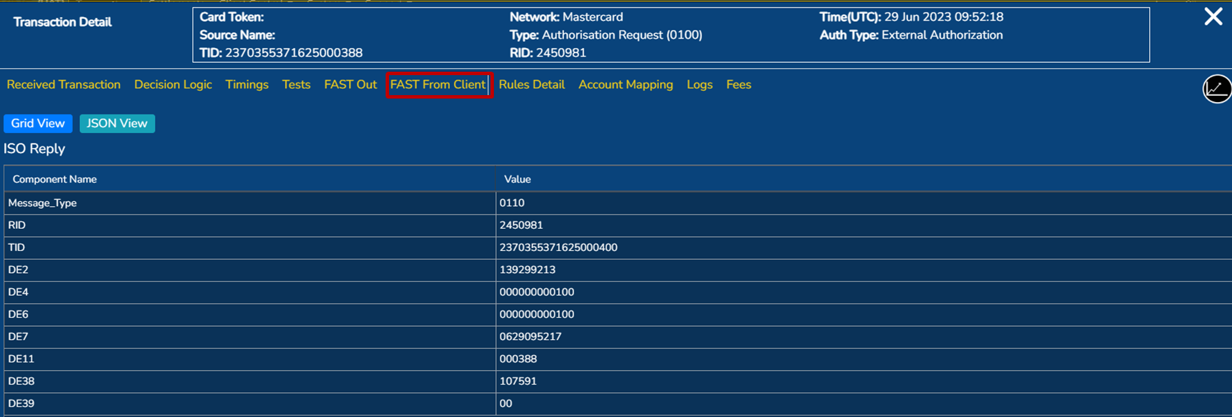 Transaction screen: FAST from client