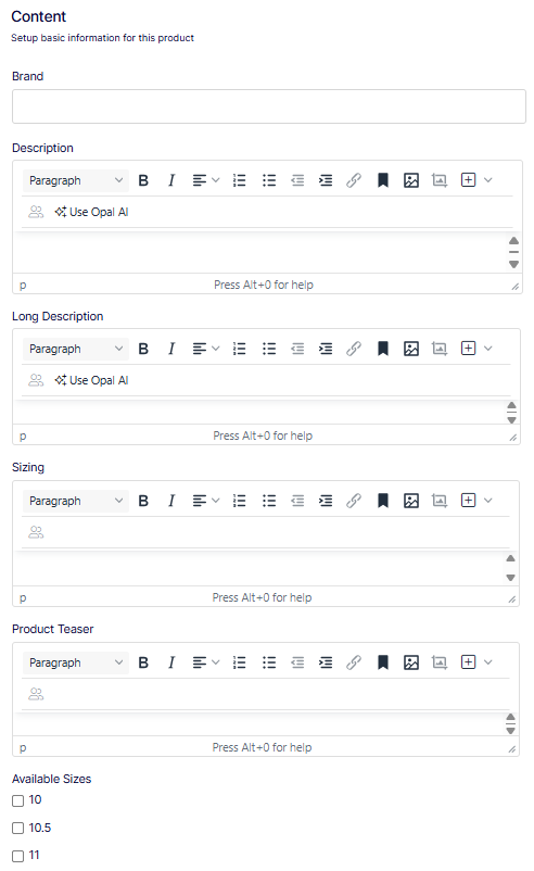 Screenshot of the Content section of a product entry showing Brand, Description, Long Description, Sizing, Product Teaser, and Available Sizes fields.