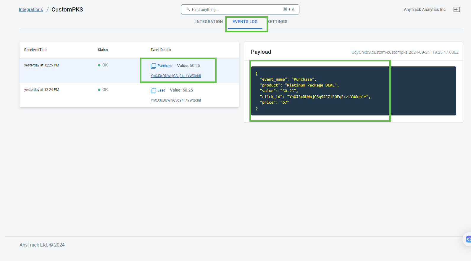 Inspect the Events Log to find the events sent by Zapier from tyhe Google Sheet.