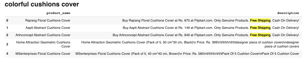 advance_chunk_search.png Advance chunk search result for query "colorful cushions cover". As can be seen, all results are about "cushion cover" however we added a word matching step for "Free Shipping".