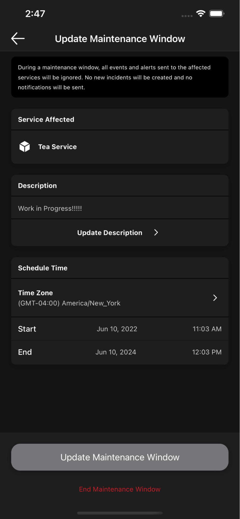Update a maintenance window in the mobile app