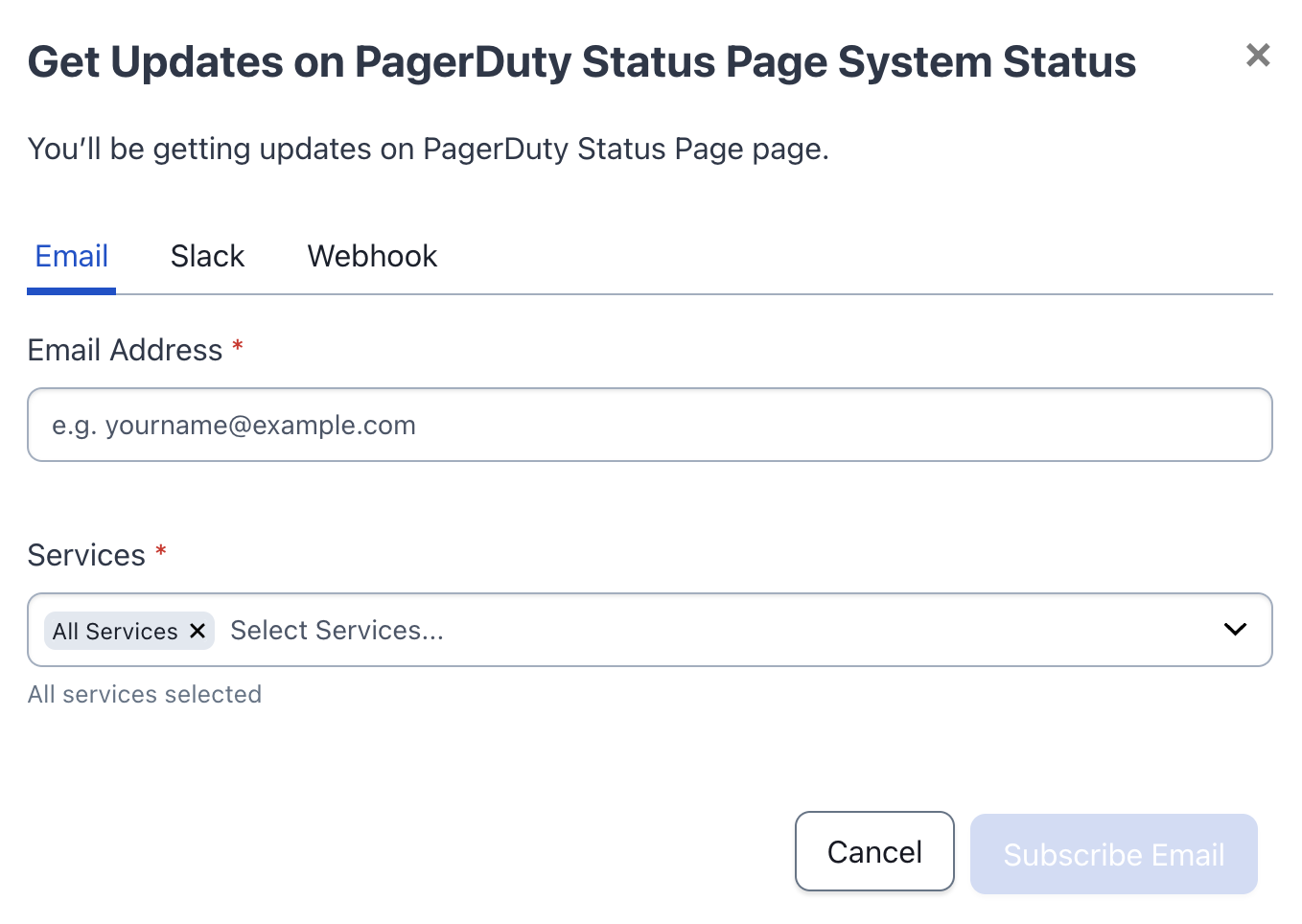 A screenshot of PagerDuty status page showing how to receive email notifications when there is an outage at PagerDuty