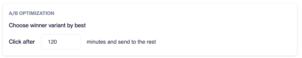 The A/B Optimization section, showing the Click after field set to 120 minutes