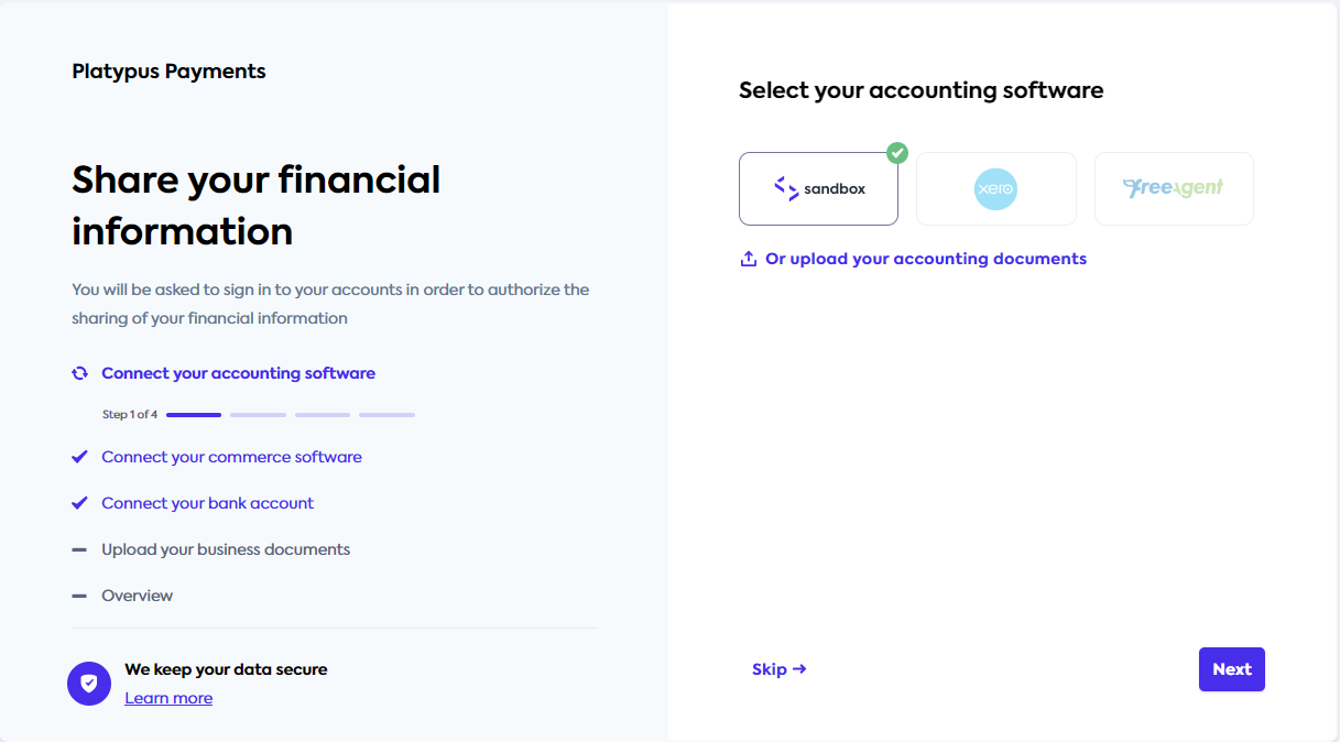First step of the auth flow, with Sandbox selected as an accounting source