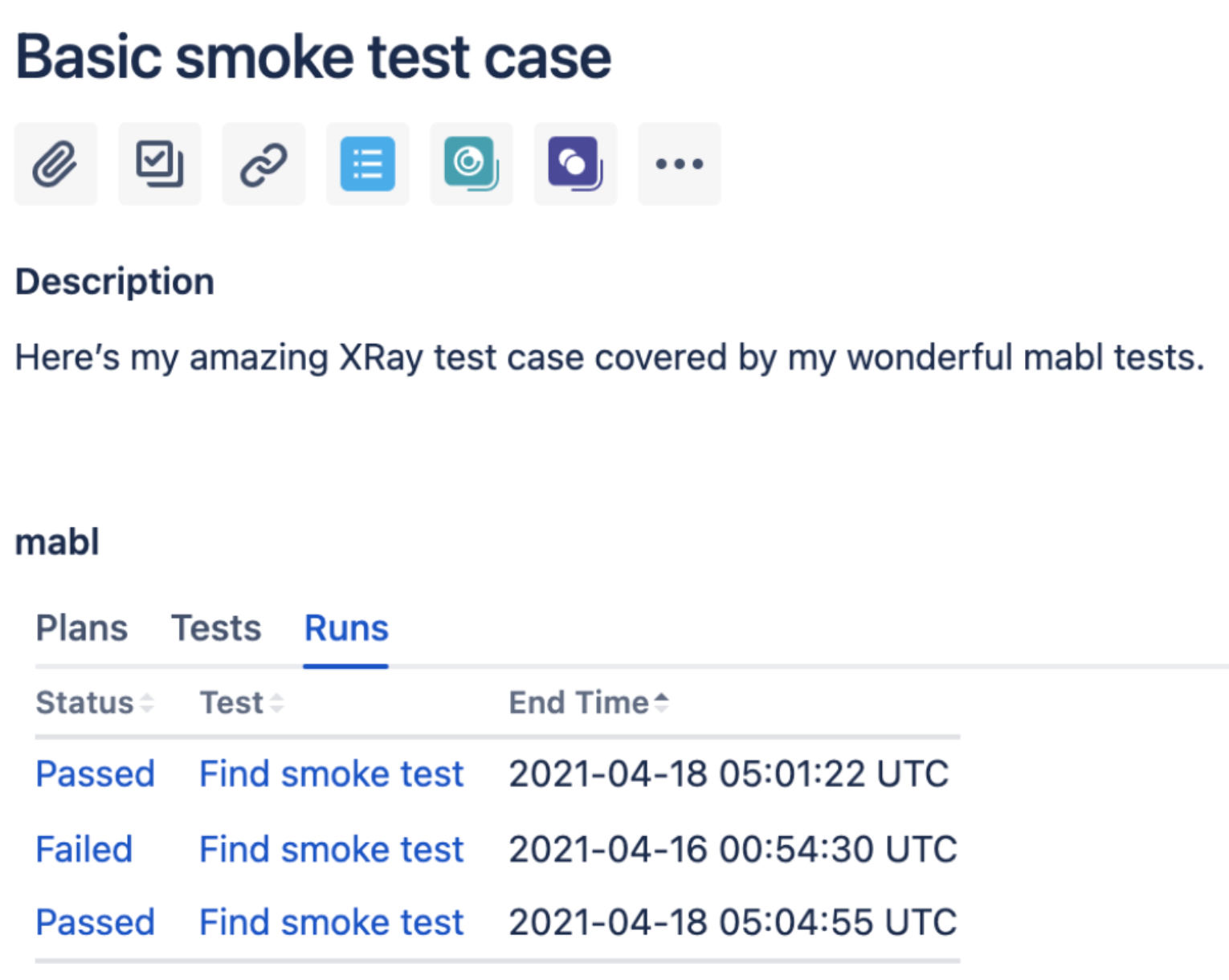 An XRay test case associated with mabl test runs