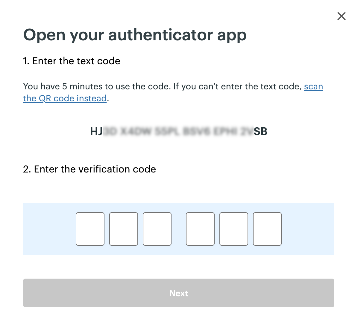 Open your authenticator app pop-up: Text code