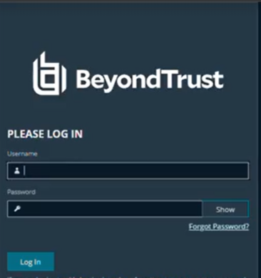 BeyondTrust login page with username and password fields, Forgot Password link, and Log In button.