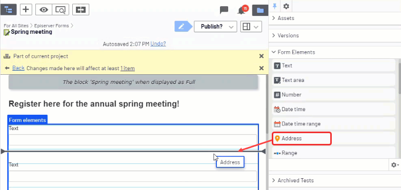 Screenshot of dragging a Text element from the Form Elements gadget where adding it to the form container