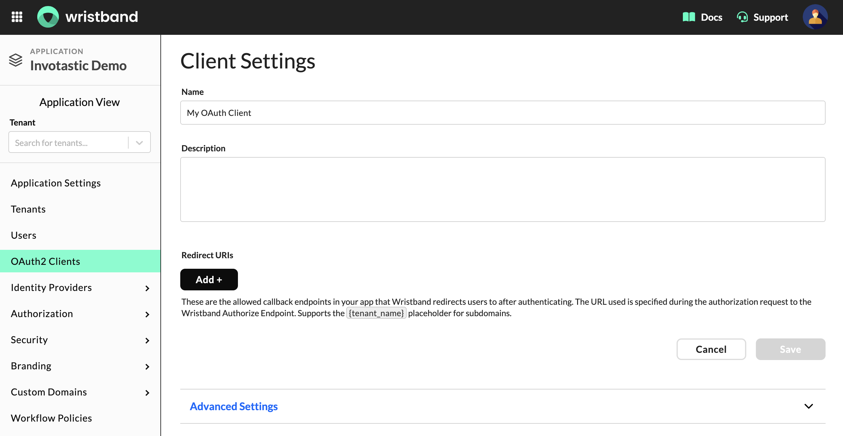 Client Settings section showing Name, Description, and Redirect URIs fields.