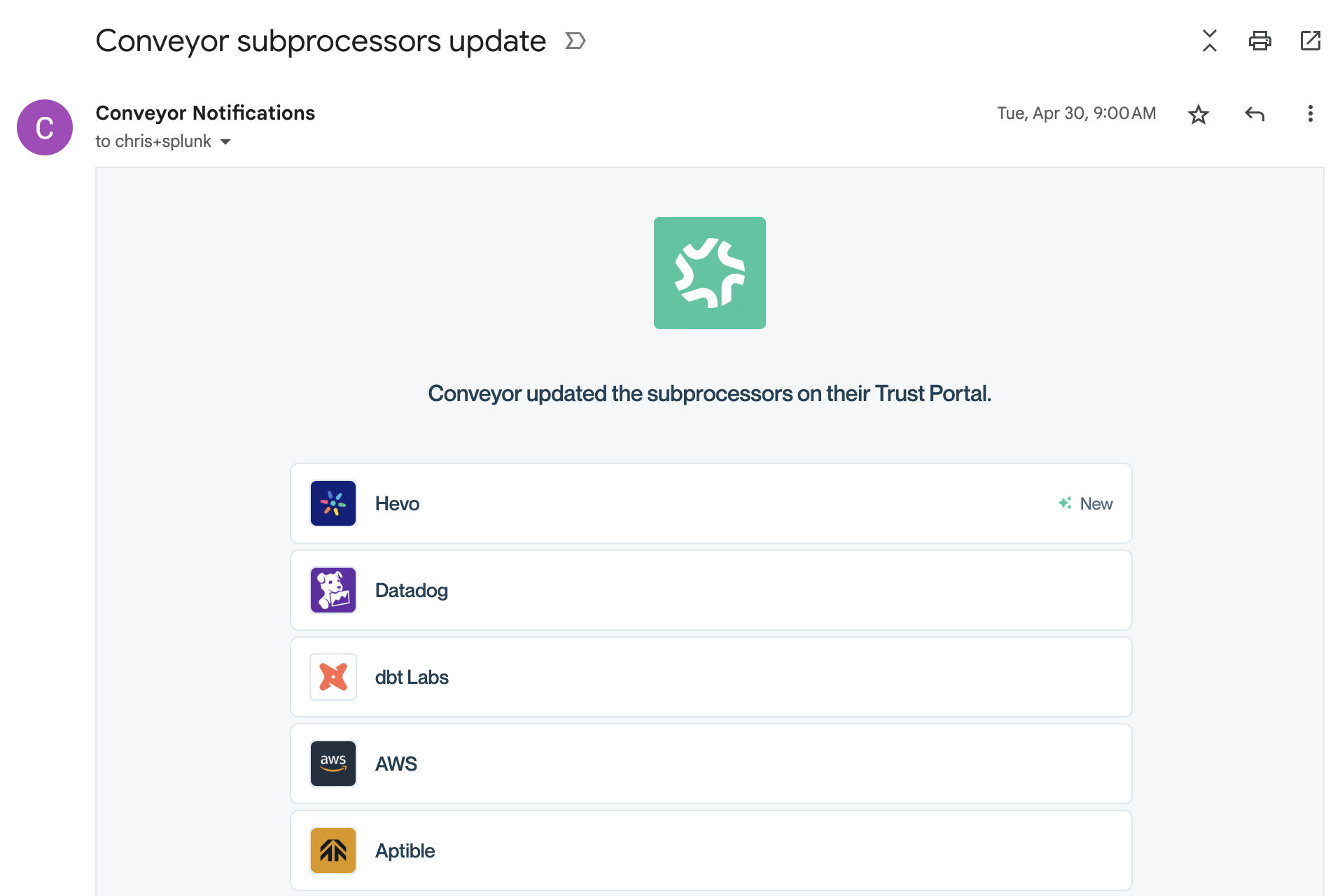 Example of a Subprocessor Update email