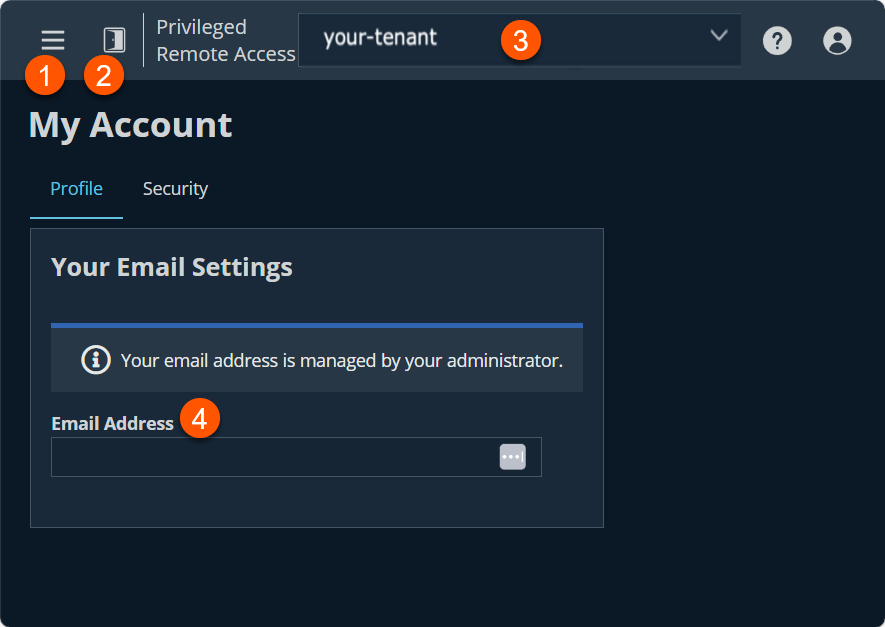An image of BeyondTrust Privileged Remote Access interface showing the 'My Account' page with the 'Profile' tab selected. The page includes a section titled 'Your Email Settings' with a message stating, 'Your email address is managed by your administrator.'