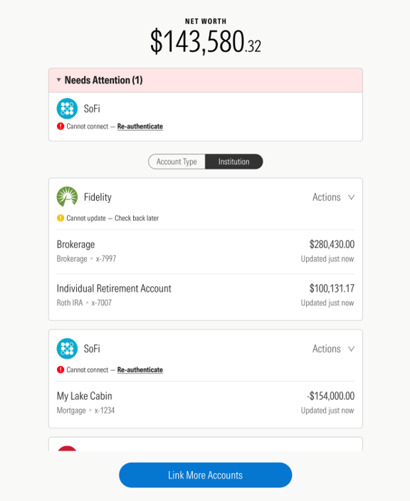 Account Summary with Needs Attention, yellow notification, and connected accounts