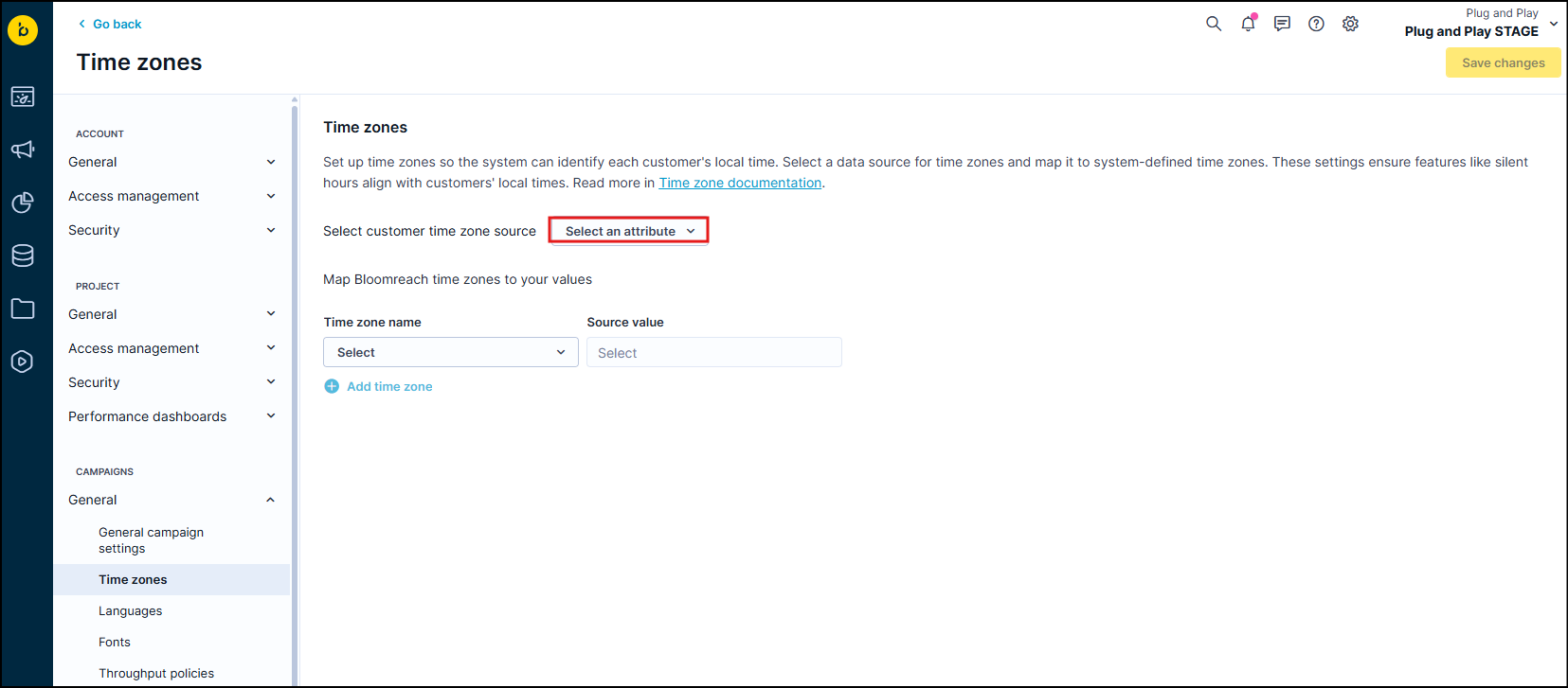 Time zones settings page showing customer time zone source selector and mapping table for Bloomreach Engagement time zones to custom values.