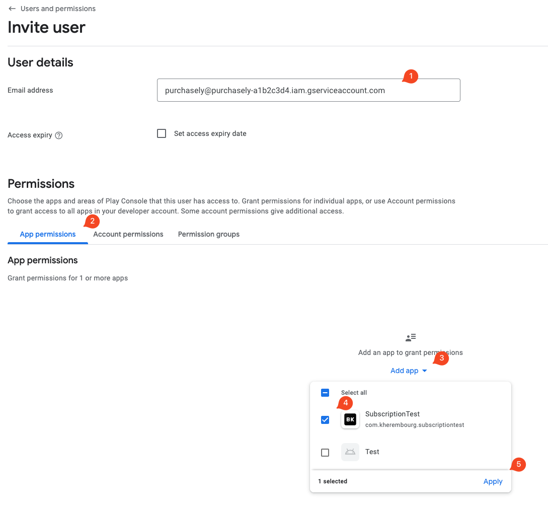 Under the tab **App permissions**  select the application corresponding to the desired App Bundle ID