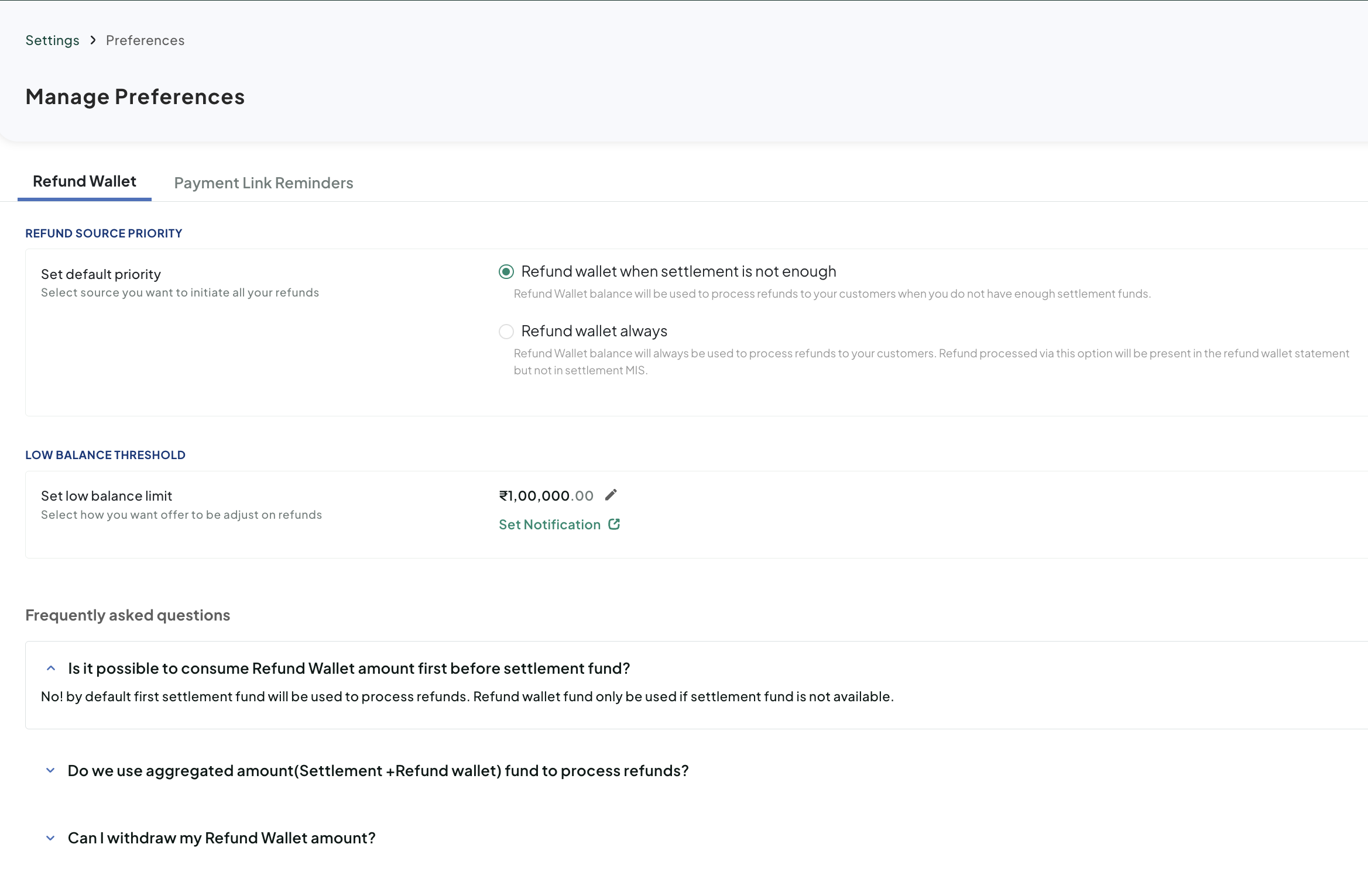 Configure Refund Wallet Preferences