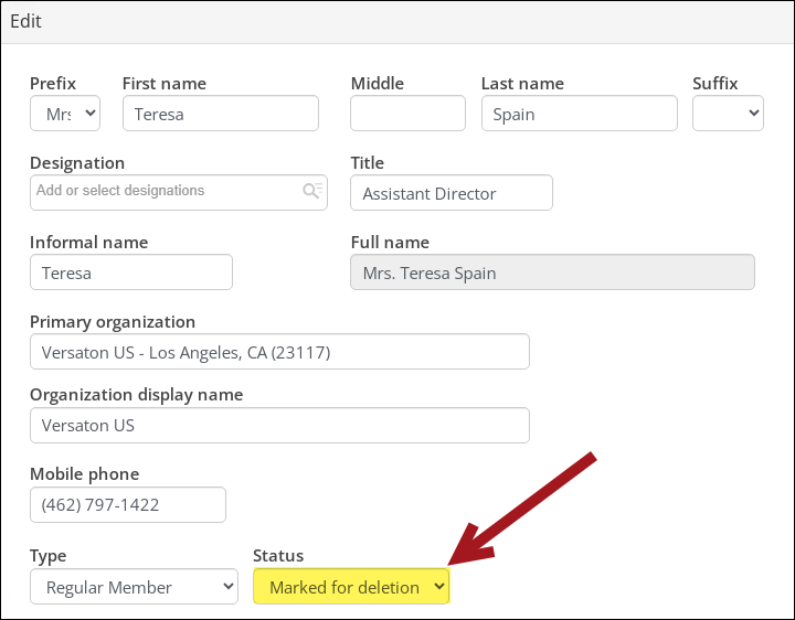 Edit window for contact's information