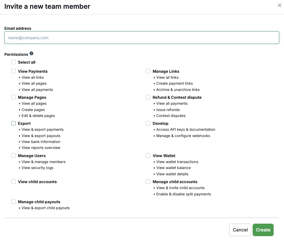 Add team member modal showing email field and permission checkboxes
