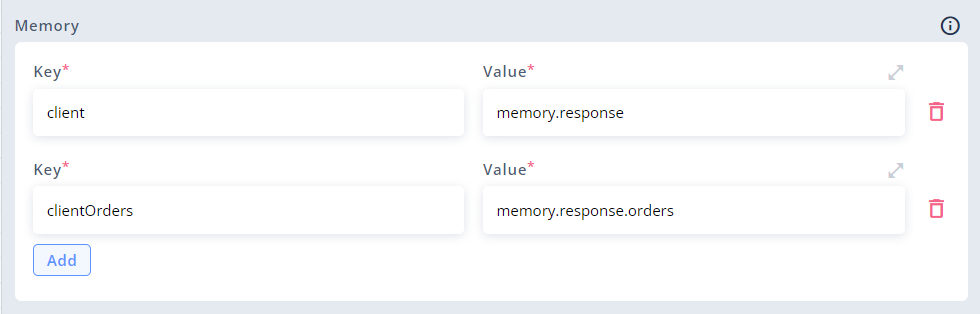 Saving current API response to `memory.client` and `orders` property to `memory.clientOrders`
