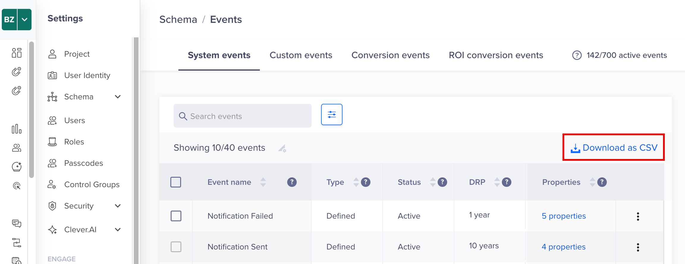 Download as CSV button in the System Events tab